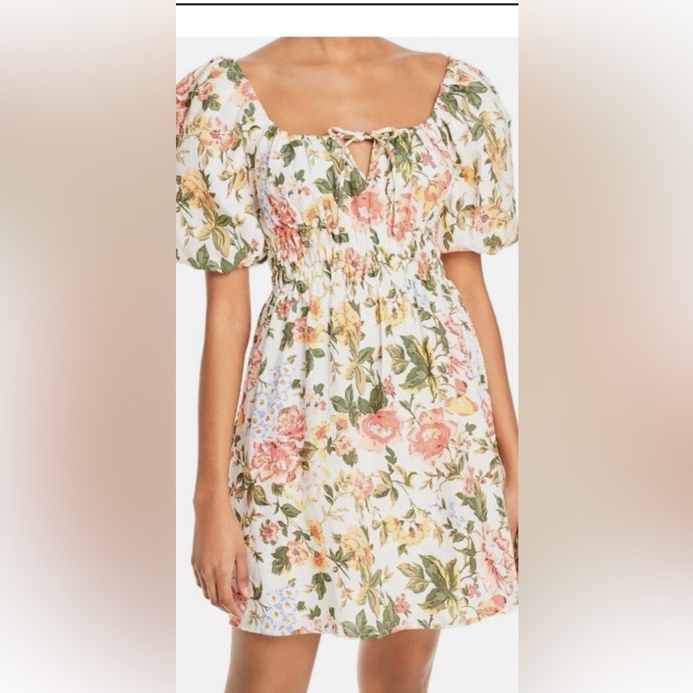 Faithfull the Brand White Midi Dress with Pink and Yellow Floral Print